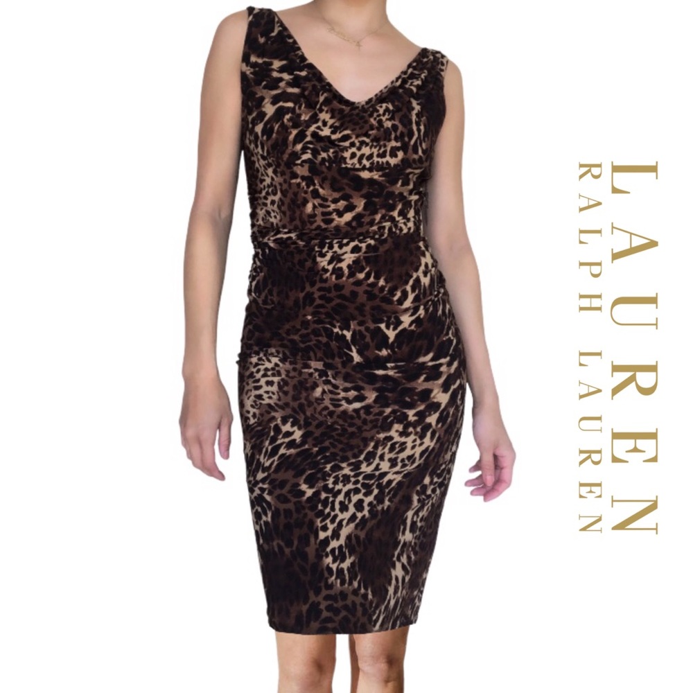 Lauren Ralph Lauren Sleeveless Knee length Dress Ruching Leopard Print Sz 12 NWT